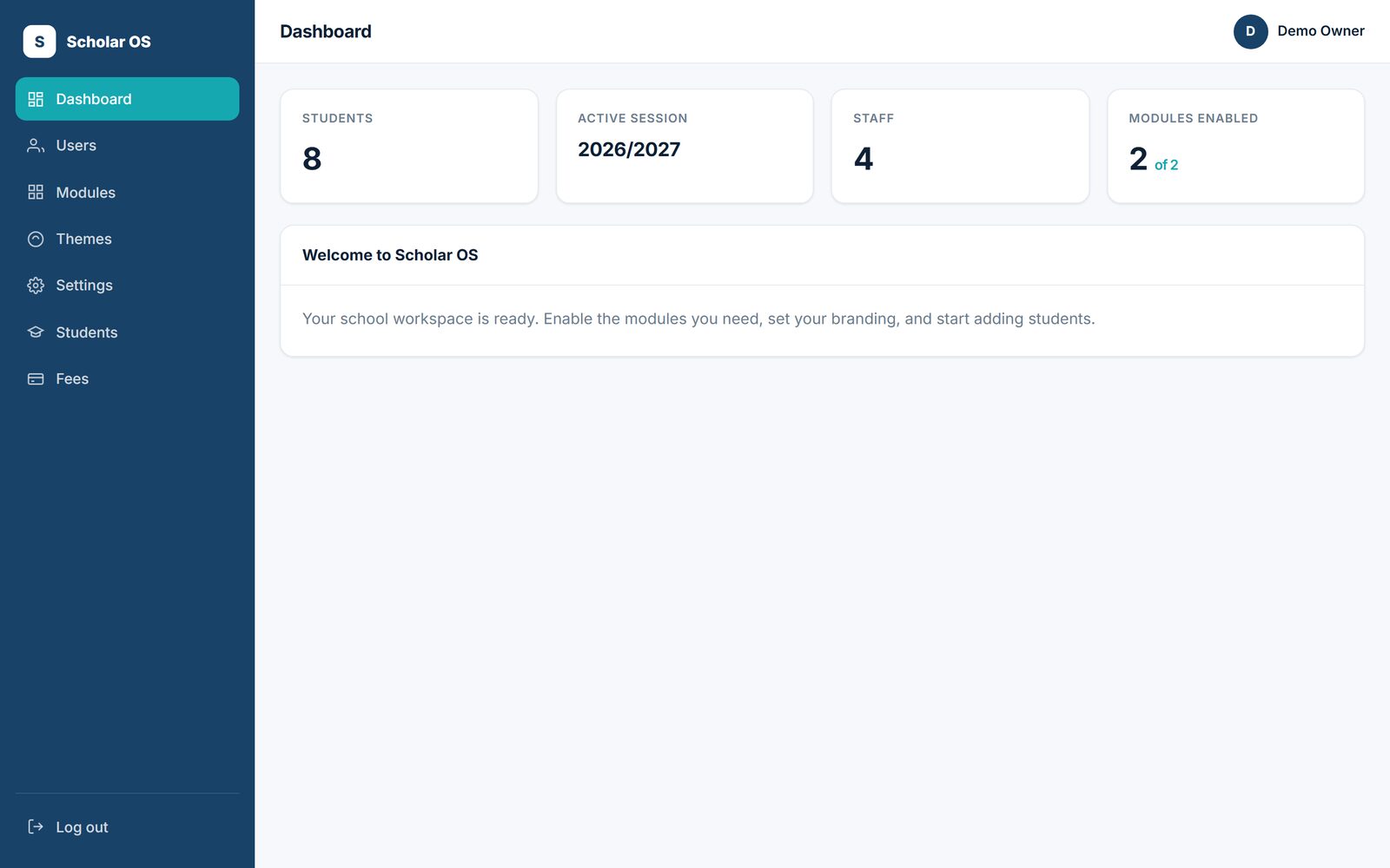 The owner dashboard of a live school portal showing students, session and staff at a glance